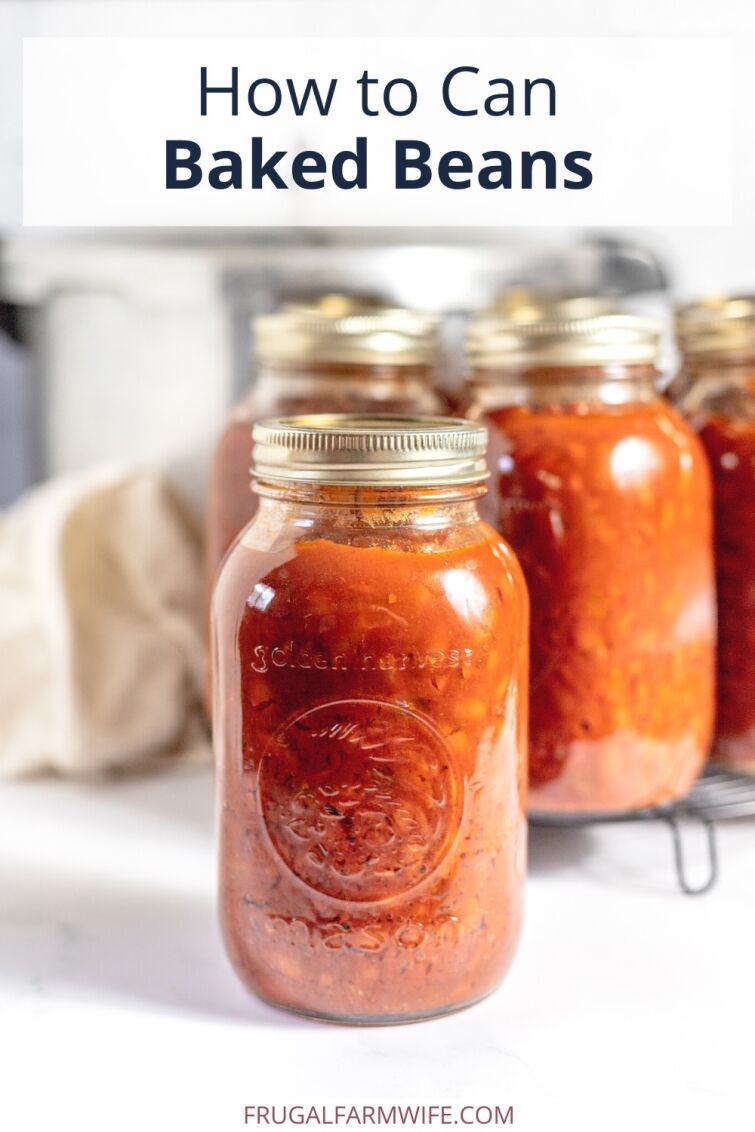 Image shows a jar of baked beans in the foreground, with several more blurred in the background. Text above reads "How to Can Baked Beans"