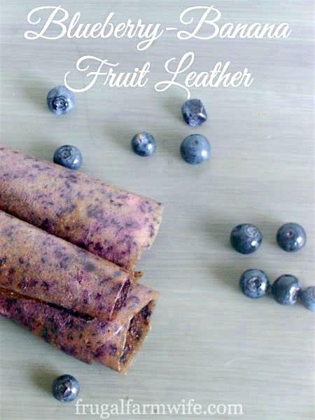 Image shows homemade fruit leather with a few blueberries and the copy "Blueberry-Banana Fruit Leather"