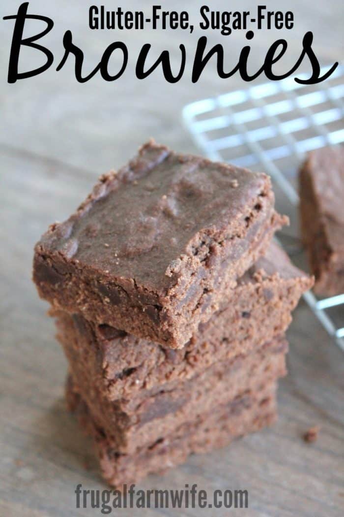 Image shows chocolate brownies stacked on top of each other. Text above reads "Gluten-free, Sugar-free brownies"