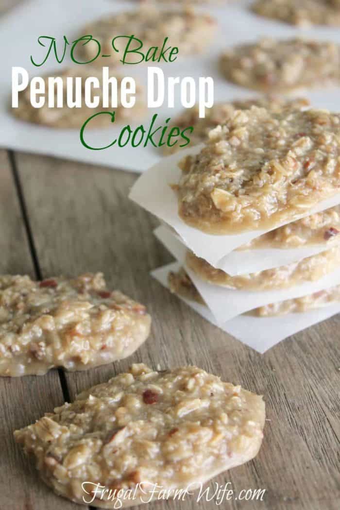 Image shows delicious no bake cookies on a table with the text "No-Bake Penuche Drop Cookies"