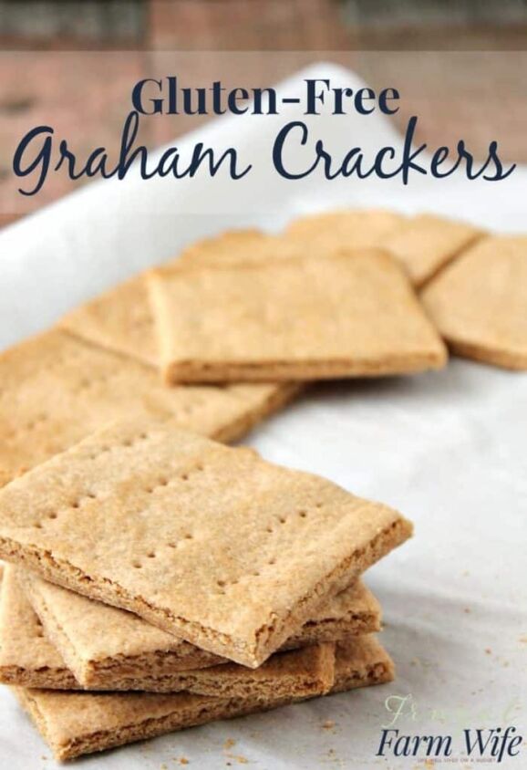 Image shows a tray of graham crackers with text that reads "Gluten-Free Graham Crackers"