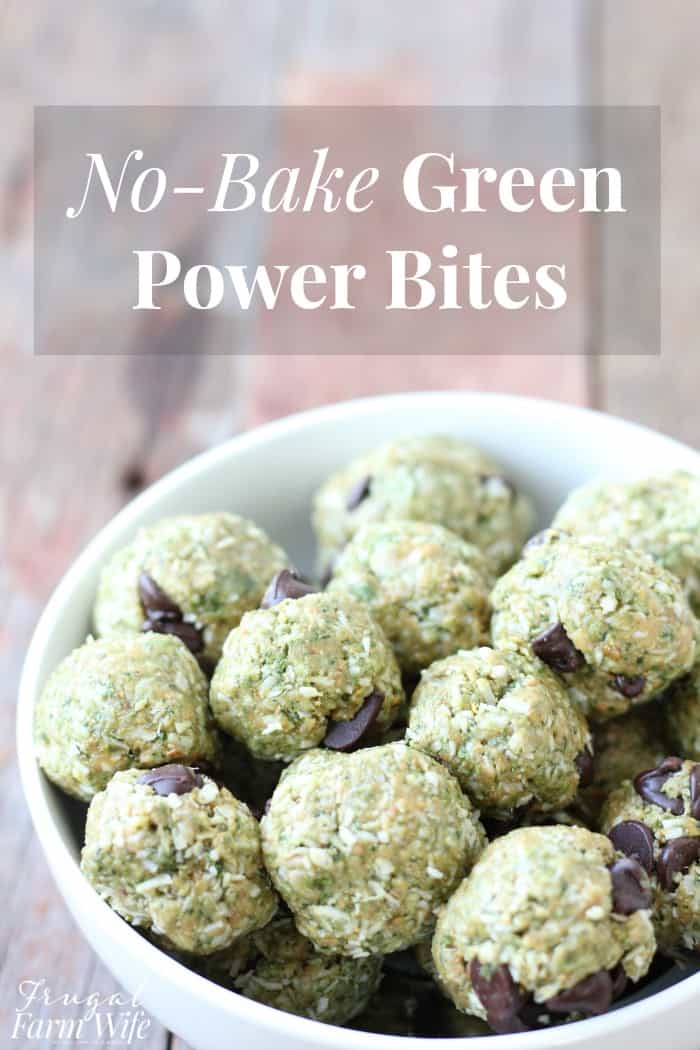 Image shows a close up of a bowl of no-bake power bites. Text above reads "No-Bake Green Power Bites."