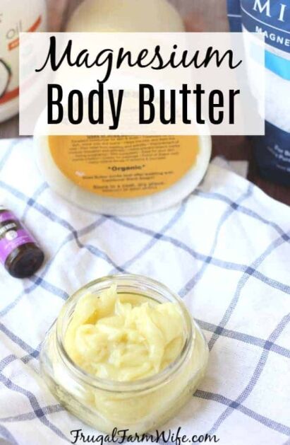 Image shows a jar of body butter on a white and blue cloth, with text that reads "Magnesium Body Butter"