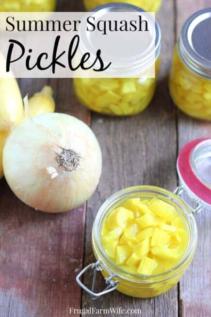 Image shows several jars of summer squash pickles, along with an onion and text that reads "Summer Squash Pickles"