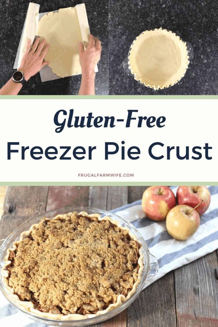 Image shows two photos of gluten free freezer pie crust. The top image shows hands rolling out the crust on a counter, with another crust in a pie tin nearby. The lower photo shows an apple pie sitting on a striped cloth.