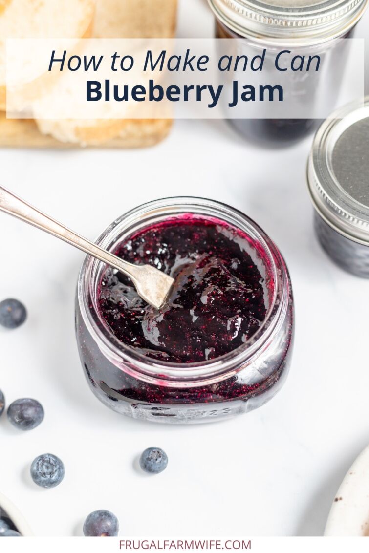 Image shows a a close up of a jar of blueberry jam with more blueberries scattered nearby. Text above reads "How to Make and Can Blueberry Jam"