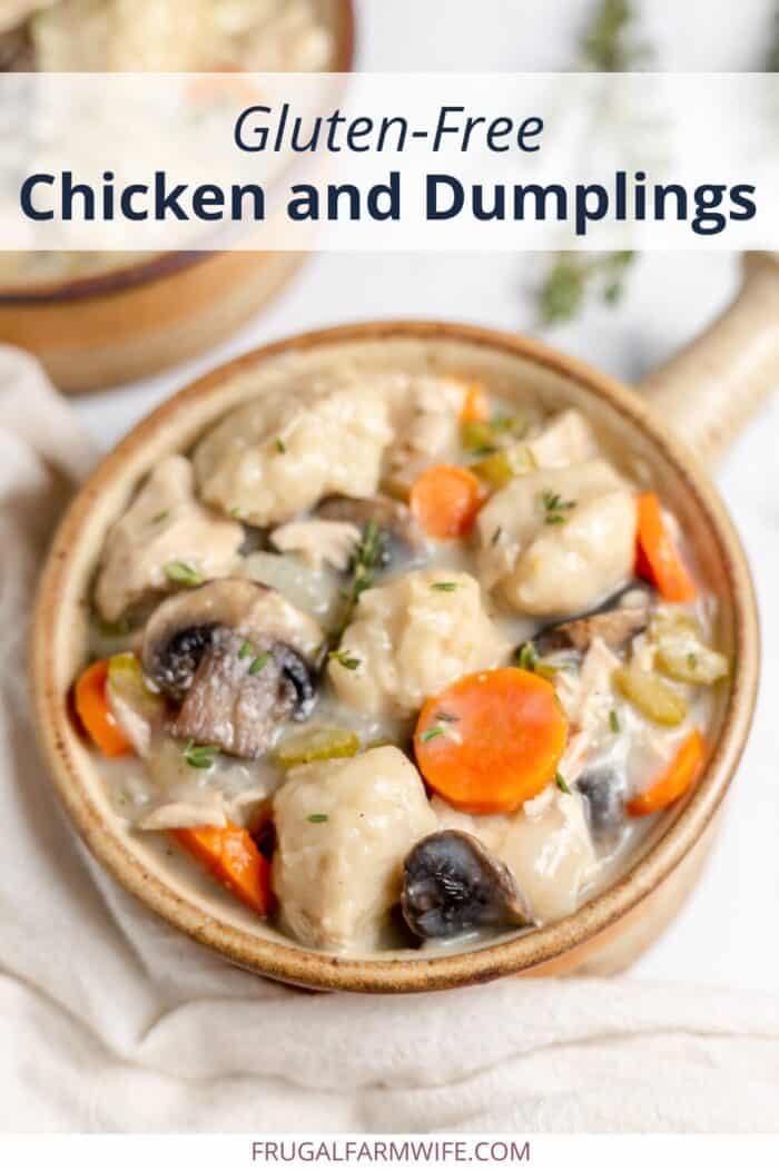 Image shows a close up of a bowl o chicken and dumpling soup, with text above that reads "gluten free chicken and dumplings"